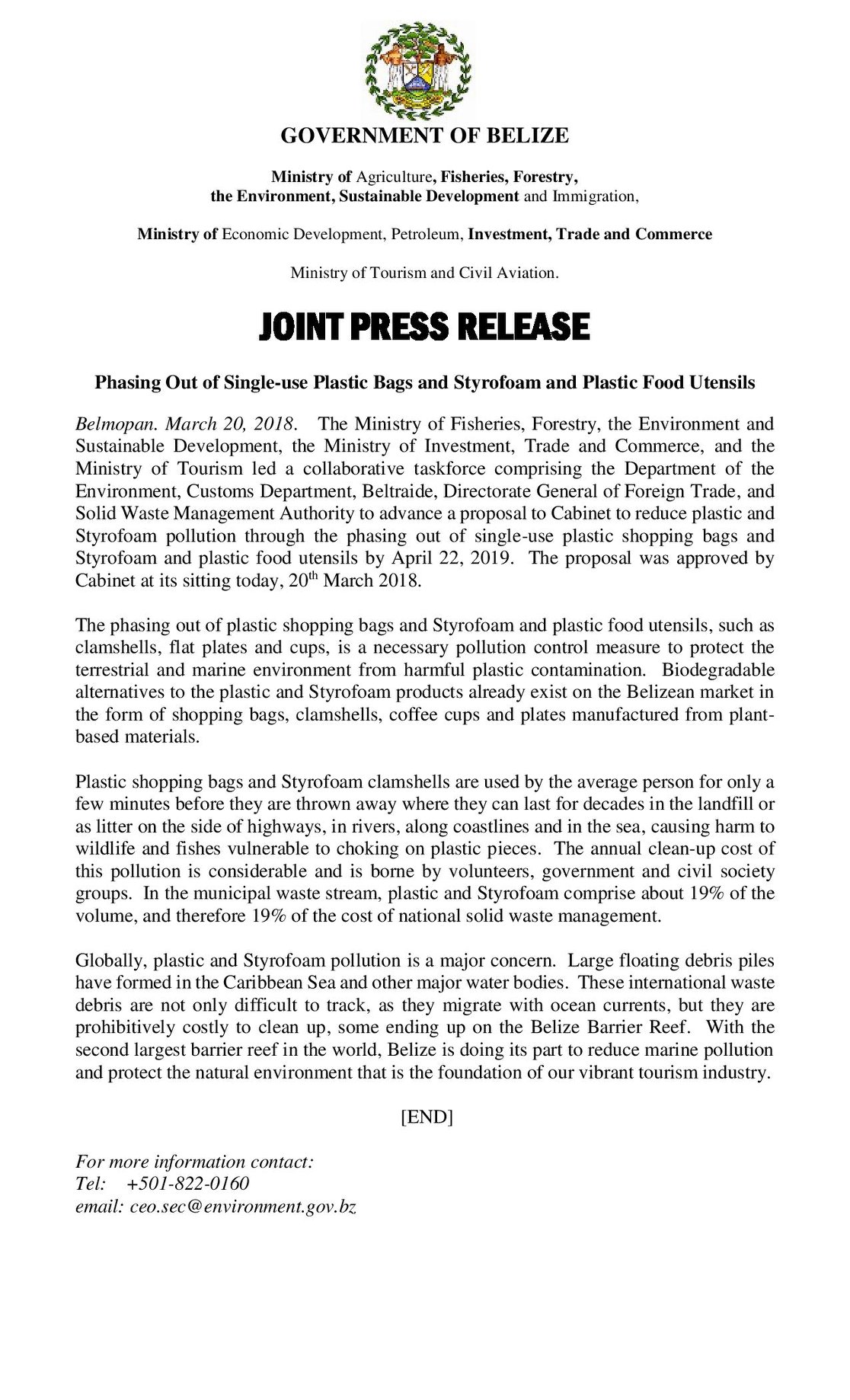 Belize styrofoam ban press release 2018