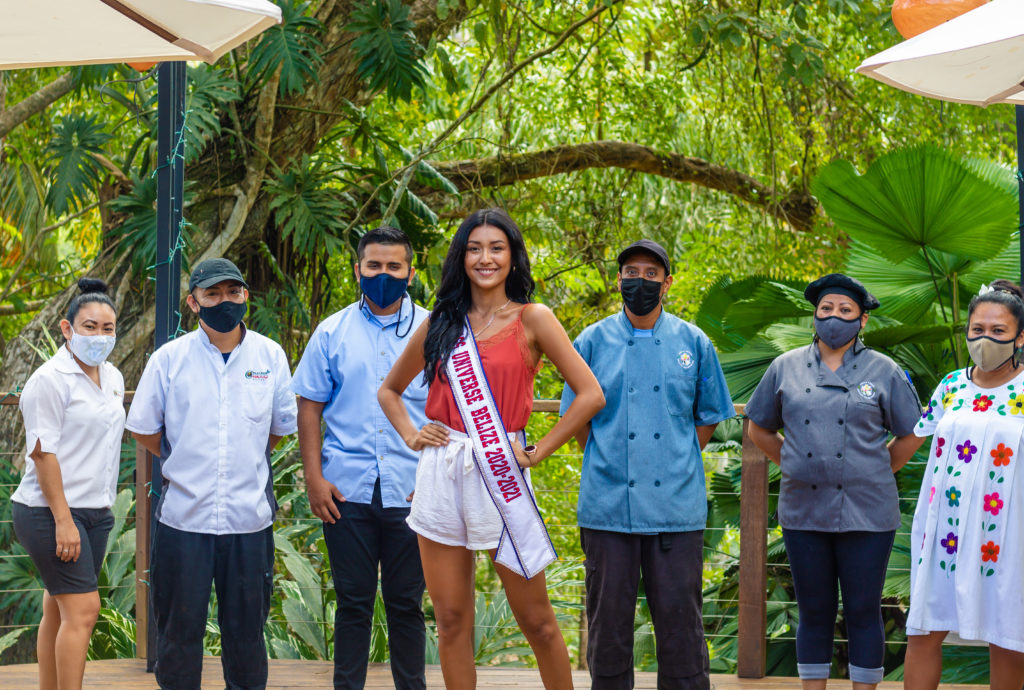 Miss Universe Belize Iris Salguero with staff at Chaa Creek Resort