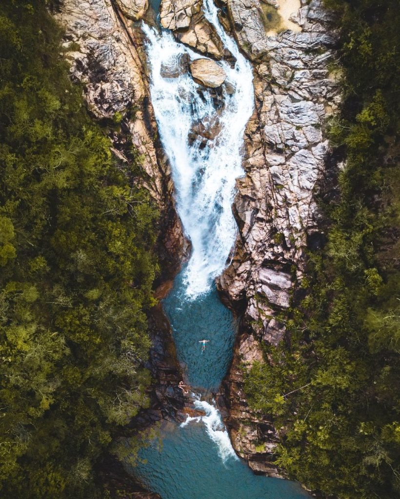 aerial photo of big rock waterfall in mountain pine ridge belize